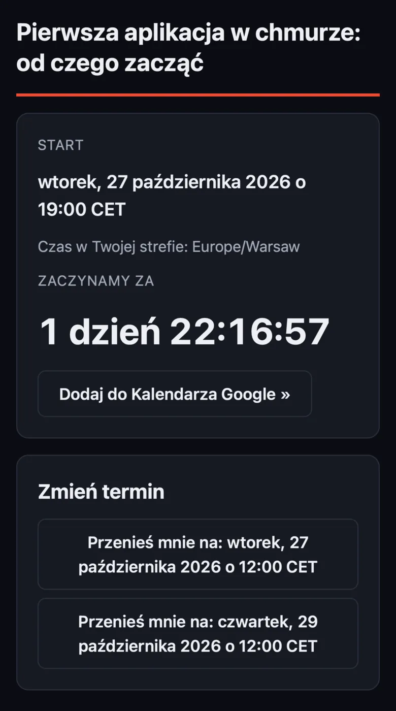 Strona sesji na telefonie przed startem: termin we wtorek o 19:00 w strefie uczestnika, odliczanie, przycisk Dodaj do Kalendarza Google i lista Zmień termin z dwoma innymi terminami