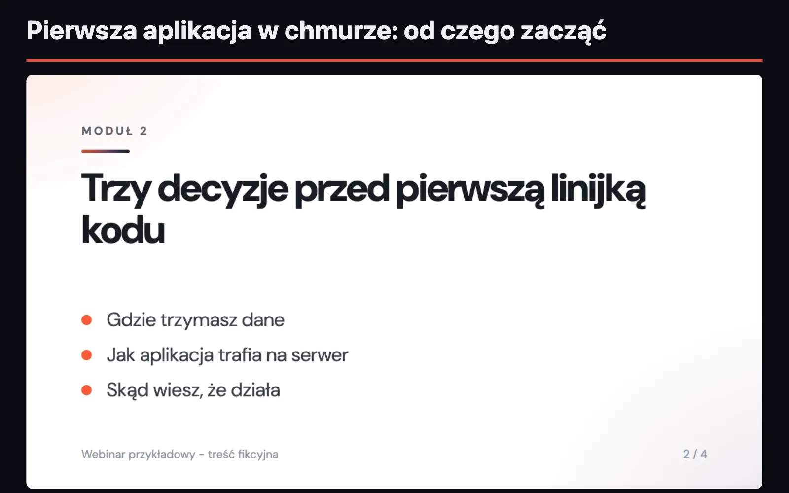 Pokój WebiStyle w trakcie sesji: ciemna strona z tytułem przykładowego webinaru Pierwsza aplikacja w chmurze, od czego zacząć, slajd z nagrania i przyciski pauzy, dźwięku i pełnego ekranu, bez paska przewijania