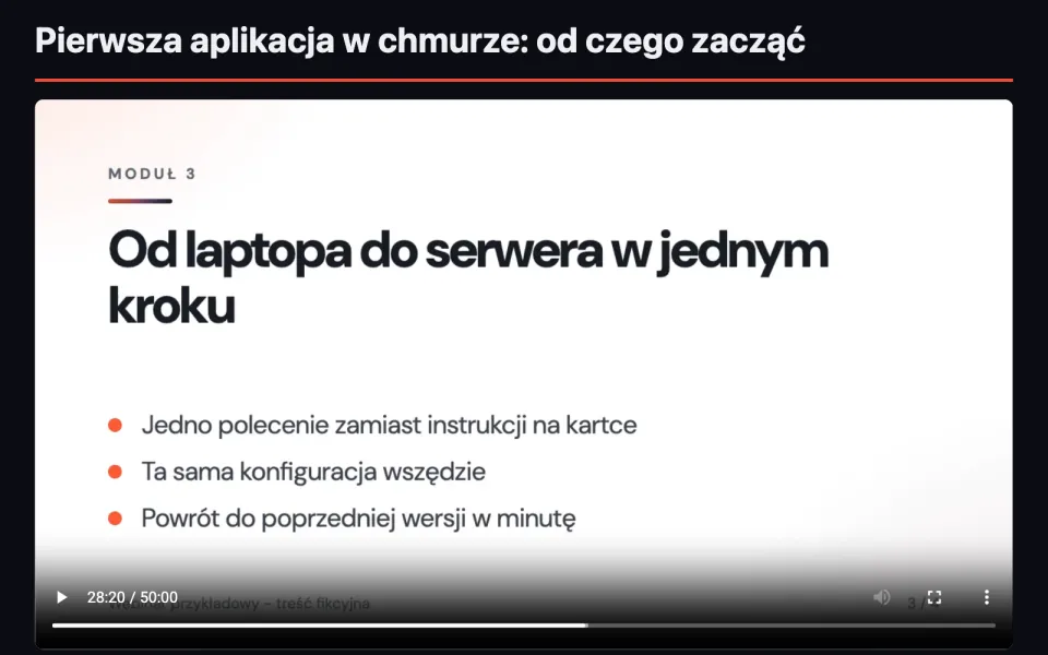 Powtórka przykładowego webinaru: odtwarzacz z paskiem przewijania na 28:20 z 50:00 i slajdem Od laptopa do serwera w jednym kroku
